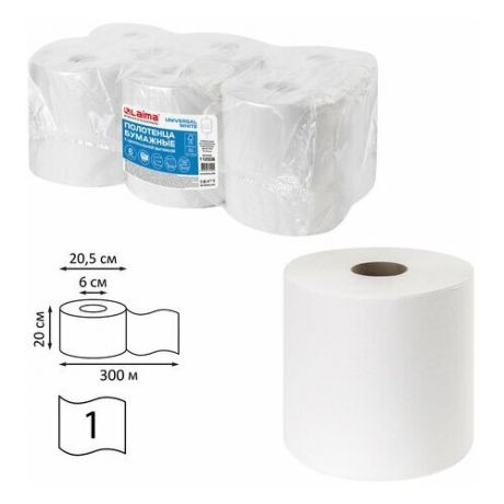 Полотенца бумажные с центральной вытяжкой 300 м, LAIMA (Система M2) UNIVERSAL WHITE, 1-слойные, белые, комплект 6 рулонов, 112506