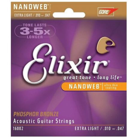 ELIXIR 16002 струны для акустической гитары Phos Bronze, NanoWeb Extra Light (010-014-023-030-039-047)