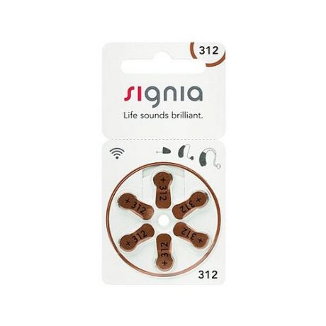 Батарейки Signia 312 (PR41) для слуховых аппаратов, 1 блистер (6 батареек)