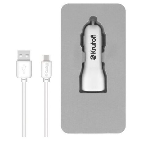 Krutoff / Автомобильное зарядное устройство (АЗУ) 2xUSB+ кабель USB Type-C/ адаптер в прикуриватель/ автотовары (white)