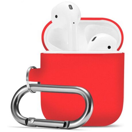 Защитный чехол для Apple AirPods 2 и Airpods 1 с карабином / Силиконовый чехол на Аирподс 2 и Аирподс 1 / Тонкий чехол для беспроводных Bluetooth блютуз наушников (Red)