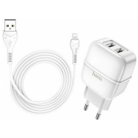 Блок питания сетевой 2 USB HOCO, C77A, Highway, 2400mAh, пластик, кабель Apple 8 pin, белый