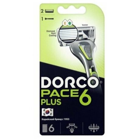 Бритвенный станок Dorco PACE6 Plus (1 станок, 2 кассеты), 6 лезвий + лезвие- триммер, плав. головка, крепление PACE