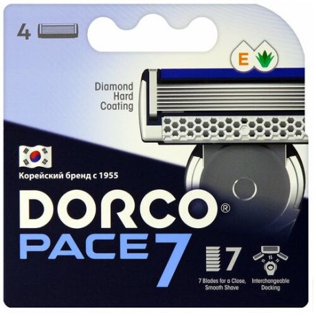 Сменные кассеты Dorco PACE7 (4 кассеты), 7-лезвийные, увл.полоса, крепление PACE