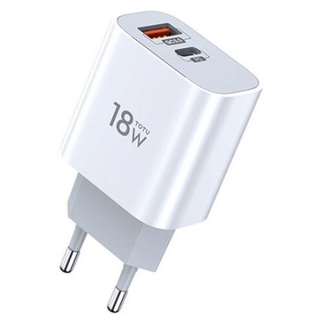 Сетевое зарядное устройство быстрое PD+QC 3.0 USB+USB Type- C TOTU Minimal Series CACQ-06 - Белое