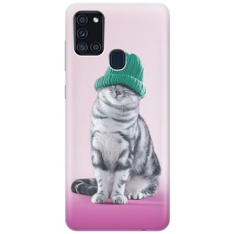 Ультратонкий силиконовый чехол-накладка для Samsung Galaxy A21s с принтом "Кот в зеленой шапке"