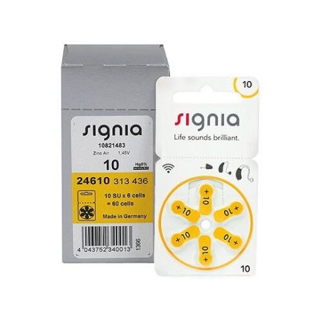 Батарейки Signia 10 (PR70) для слуховых аппаратов, упаковка (60 батареек)