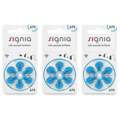 Батарейки Signia 675 для слухового аппарата, 3 блистера (18 батареек).