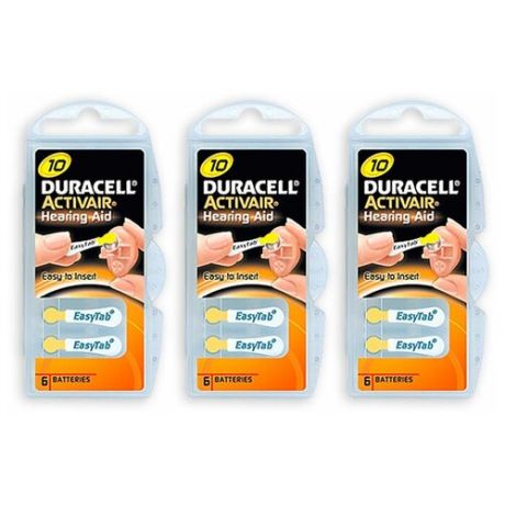 Батарейки Duracell Activair 10 (PR70) для слухового аппарата, 3 блистера (18 батареек)