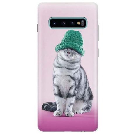 Ультратонкий силиконовый чехол-накладка для Samsung Galaxy S10+ с принтом "Кот в зеленой шапке"