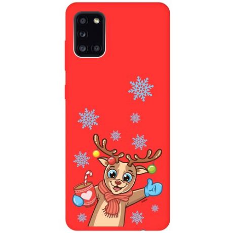 Силиконовая чехол-накладка Silky Touch для Samsung Galaxy A31 с принтом "Christmas Deer" красная