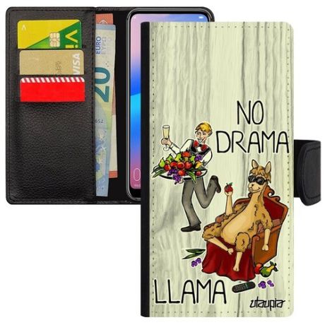 Необычный чехол книжка для мобильного // Samsung Galaxy A50 // "No drama lama" Llama Юмор, Utaupia, светло-серый