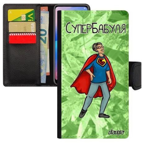 Защитный чехол книжка на смартфон // Apple iPhone X // "Супербабуля" Супергерой Рисунок, Utaupia, светло-зеленый