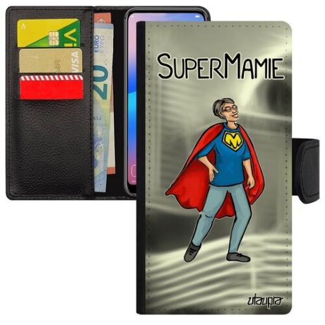Яркий чехол книжка на мобильный // Galaxy A40 // "Супербабуля" Супергерой Смешной, Utaupia, черный