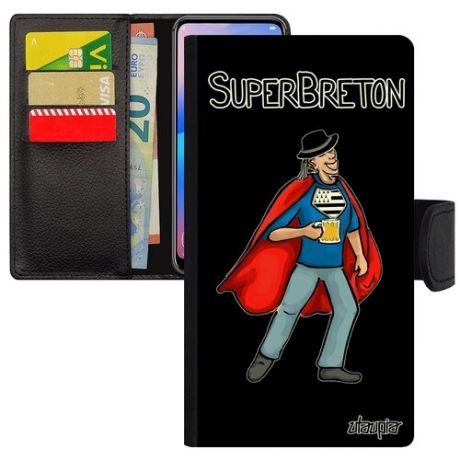 Противоударный чехол книжка для мобильного // Apple iPhone XR // "Супербретонец" Смешной Супергерой, Utaupia, синий