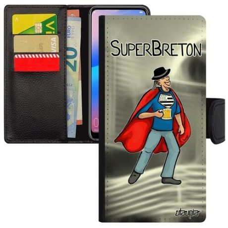 Противоударный чехол-книжка на мобильный // Huawei P30 Lite // "Супербретонец" Смешной Супергерой, Utaupia, серый