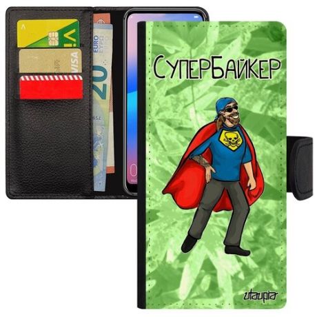 Защитный чехол книжка для мобильного // Galaxy A50 // "Супербайкер" Мотоциклист Смешной, Utaupia, синий