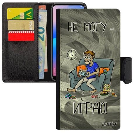 Красивый чехол книжка на смартфон // Galaxy S7 Edge // "Не могу - играю!" Юмор Рисунок, Utaupia, черный