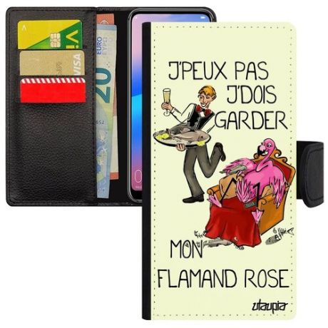 Красивый чехол книжка для телефона // Huawei P30 Lite // "Не могу - у меня фламинго!" Прикольный Анекдот, Utaupia, светло-серый
