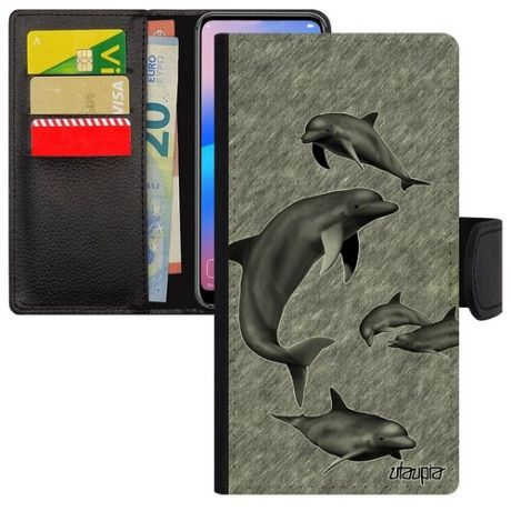 Противоударный чехол-книжка для мобильного // Samsung Galaxy A40 // "Дельфины" Нарвал Гринды, Utaupia, серый