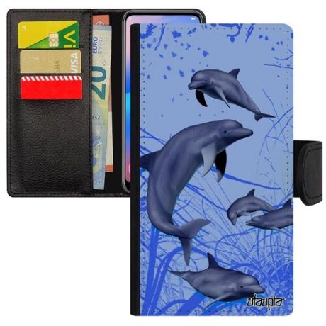 Противоударный чехол книжка на мобильный // Xiaomi Redmi Note 6 Pro // "Дельфины" Белуха Афалина, Utaupia, розовый