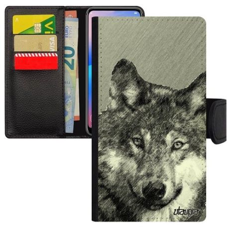 Ударопрочный чехол-книжка для телефона // Xiaomi Redmi Note 6 Pro // "Дикий волк" Одинокий Дизайн, Utaupia, голубой
