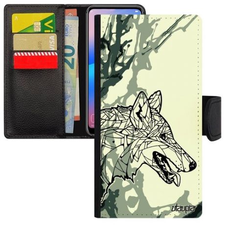 Противоударный чехол книжка на // Samsung Galaxy A40 // "Волк" Wolf Древний, Utaupia, розовый