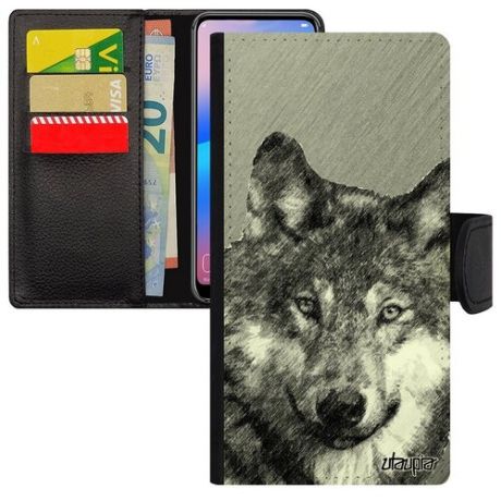 Ударопрочный чехол-книжка на смартфон // Samsung Galaxy A40 // "Дикий волк" Хаски Зверь, Utaupia, фуксия