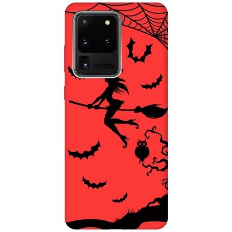 Силиконовая чехол-накладка Silky Touch для Samsung Galaxy S20 Ultra с принтом "Witch on a Broomstick" красная