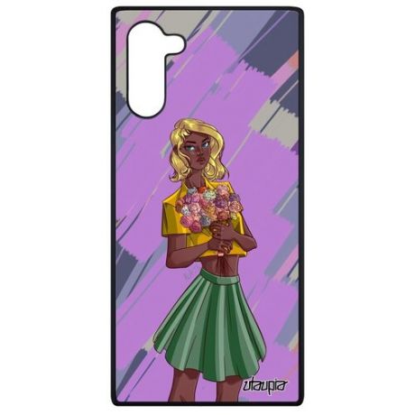 Красивый чехол на смартфон // Galaxy Note 10 // "Девушка и цветы" Букет Аниме, Utaupia, серый