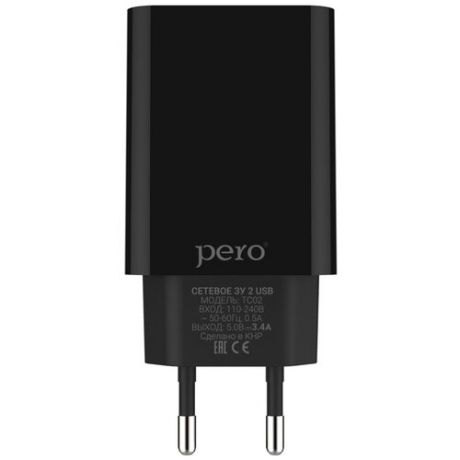 Сетевое зарядное устройство PERO TC02 2USB 3.4A, черное