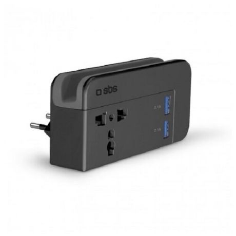 Сетевое зарядное устроство SBS Travel Charger c двумя USB- портам, сила тока на каждом 2А, сменными адаптера для вилок UK, EU, US и выходом для сетевой вилки, черный