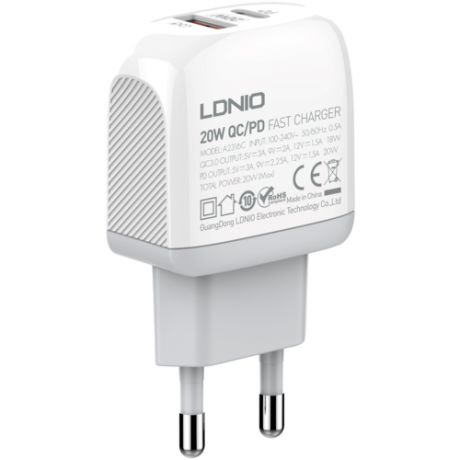 Сетевое ЗУ LDNIO A2316C/ + Кабель Type-C/ PD + QC 3.0/ 2 USB Auto-ID/ Выход: 5V_9V_12V, 20W/белый