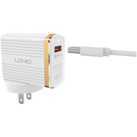 Сетевое ЗУ LDNIO A1302Q/ + Кабель Micro/ QC 3.0/ 1 USB Auto-ID/ Выход: 5V_9V_12V, 18W/белый/золотой