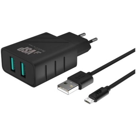 Сетевое зарядное устройство 2USB, 2,4A + Дата- кабель Micro USB, 2А, 1м, черное, BoraSCO
