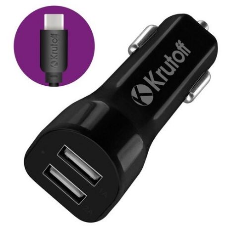 Krutoff / Автомобильное зарядное устройство (АЗУ) 2xUSB+ кабель USB Type-C/ адаптер в прикуриватель/ автотовары (black)