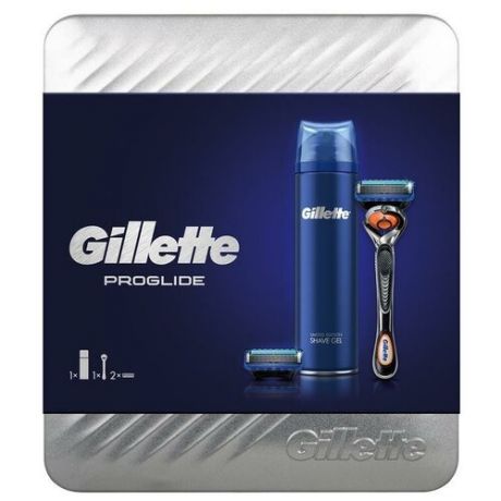 Набор Gillette подарочный в металлической коробке: гель для бритья Fusion для чувствительной кожи 200 мл, бритвенный станок ProGlide Flexball