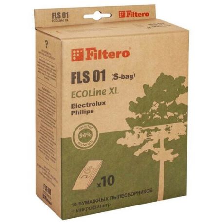 Filtero FLS 01 ECOLine XL (S- bag), Мешки - пылесборники для пылесосов ELECTROLUX, PHILIPS (бумажные, комплект: 10 штук + фильтр)