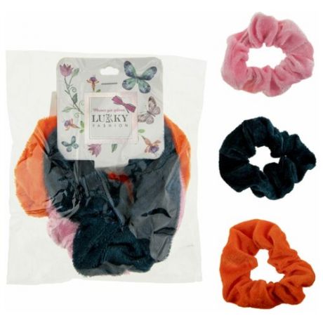 Lukky Fashion резинки текстильные, бархат, 3 шт (морская волна, оранжевый, нежно- розовый)