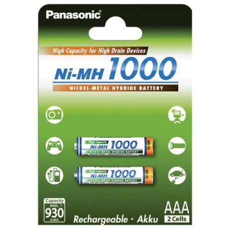 Аккумулятор Ni-Mh 1000 мА·ч Panasonic Rechargeable Accu AAA, 2 шт.