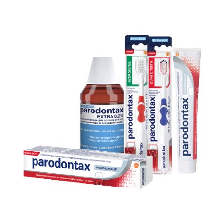 Набор средств Parodontax зубная паста Отбеливающая 75 мл + зубная щетка Interdental + зубная щетка Gums&Teeth + Ополаскиватель Экстра 300 мл