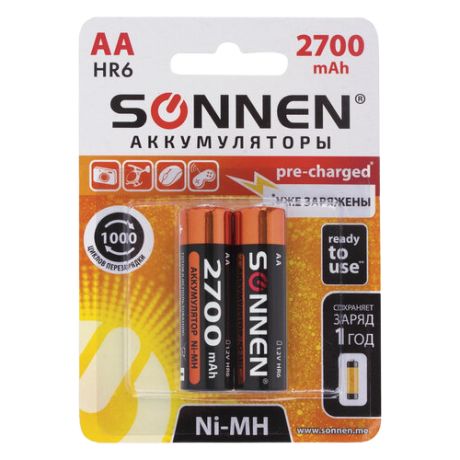 Аккумулятор Ni-Mh 2700 мА·ч SONNEN AA HR06, 2 шт.