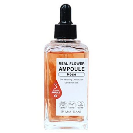 MAY ISLAND Real Flower Ampoule Rose Осветляющая и увлажняющая ампульная сыворотка для лица с тающими лепестками розы, 100 мл