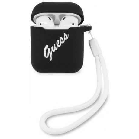 Чехол со шнурком CG Mobile Guess Silicone case Script logo with cord для AirPods 1&2, цвет Черный/Белый (GUACA2LSVSBW)
