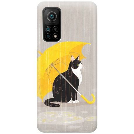 Ультратонкий силиконовый чехол-накладка для Xiaomi Mi 10T / Mi 10T Pro с принтом "Кот с желтым зонтом"