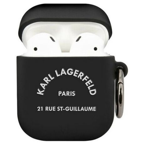 Чехол с карабином CG Mobile Karl Lagerfeld Silicone RSG logo with ring для AirPods 1&2, цвет Черный/Белый (KLACA2SILRSGBK)