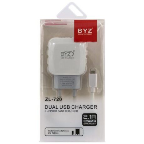 Сетевое ЗУ BYZ ZL-720, 2хUSB-А, 2.1А + кабель (AM-8pin (Lightning), 1 м, белый