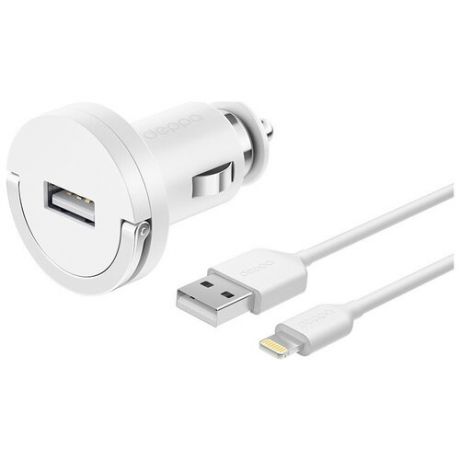 Автомобильное Зарядное Устройство USB 1А, дата-кабель 8-pin для Apple (MFI), белый, Ultra, Deppa