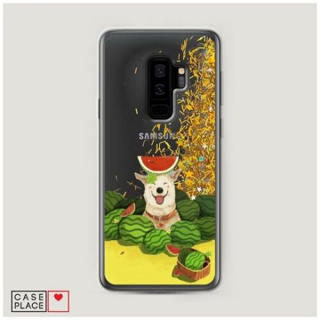 Чехол Жидкий с блестками Samsung Galaxy S9 Plus Счастливый пес в арбузах