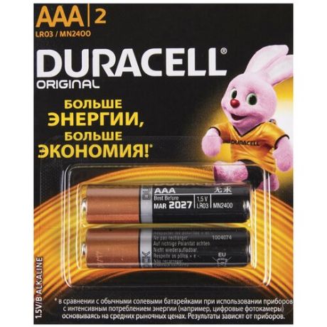 Батарейки DURACELL LR03 MN2400 1.5V SIZE:AAA Комплект 2шт.
